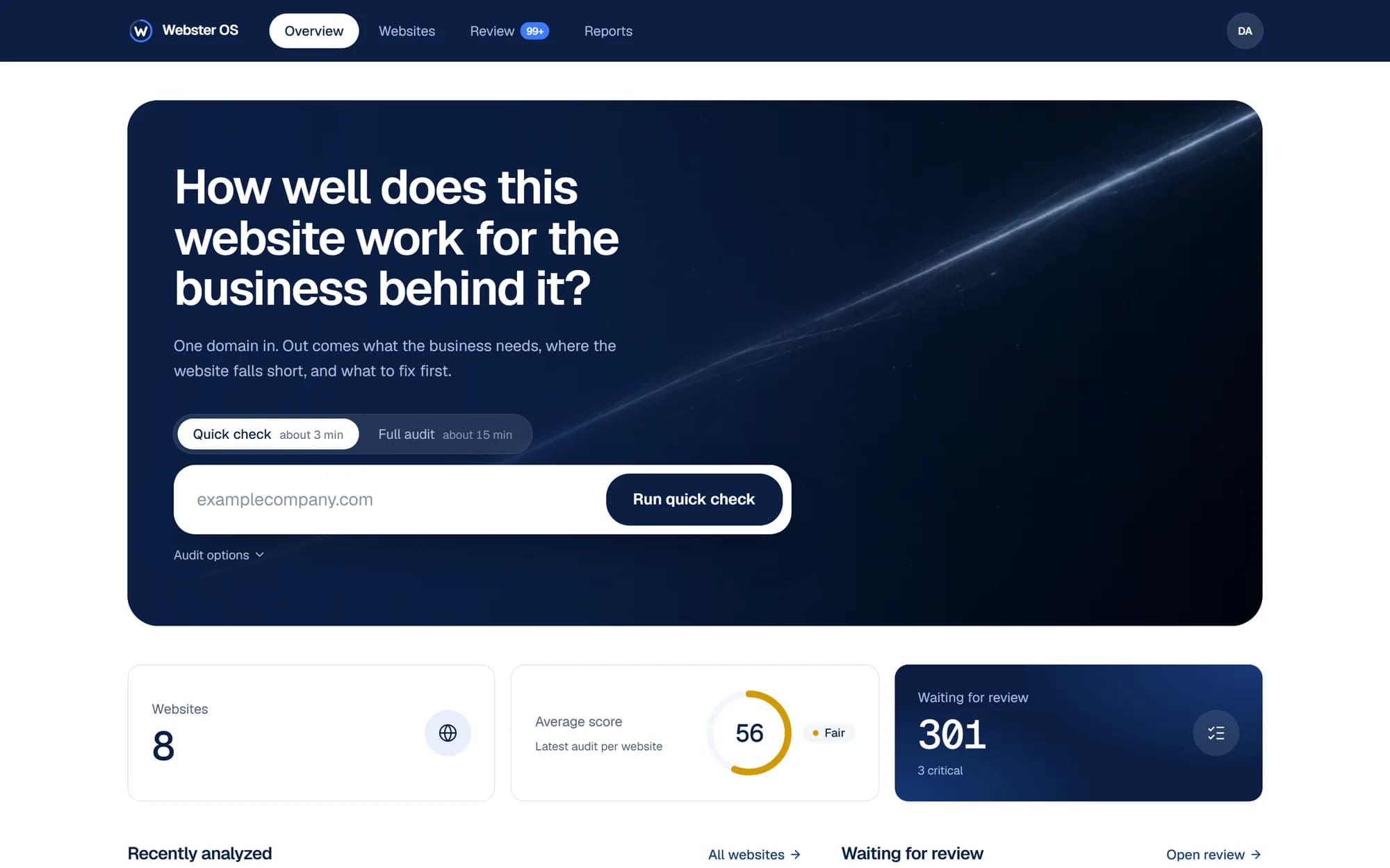 The overview with the domain field and recent audits